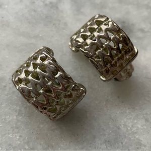 Vintage Silver Basketweave Zigzag Chunky Huggie Clip On Earrings